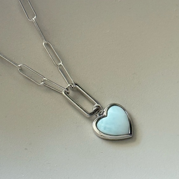 NWT Natural Larimar 925 Sterling Silver Heart Paperclip Chain Necklace! NEW! - Picture 7 of 8
